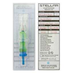 Peak Stellar Round Shader Extra Long Taper Tattoo Needle Cartridges - #10, 11 Needles, Pkg of 20, front and back of packaging