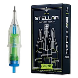 Peak Stellar Round Shader Extra Long Taper Tattoo Needle Cartridges - #12, 7 Needles, Pkg of 20, needle and packaging