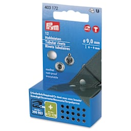 Prym Vario Creative Tubular Rivets - 4 - 6 mm Thick Fabric, Pkg of 20, 9 mm Dia. - front of packaging, angled view