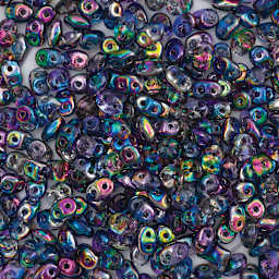 John Bead Czech Glass SuperDuo Two-Hole Beads - Pile of Blue/Pink Metallic beads shown