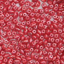 John Bead Czech Glass SuperDuo Two-Hole Beads - Coral Red, Metallic Luster, 22 g