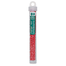 John Bead Czech Glass SuperDuo Two-Hole Beads - Coral Red Beads shown in tube
