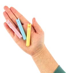 Ooly Beary Sweet Mini Scented Highlighters, pink, blue and yellow highlighters in palm of hand