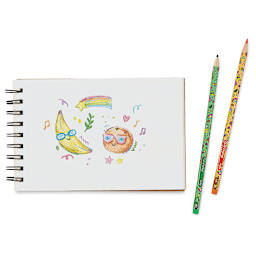Ooly Color Doodlers Fruity Scented Erasable Colored Pencils, shooting star, banana and orange artwork with two pencils 