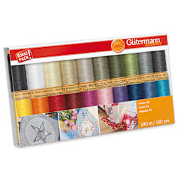 Gutermann Natural Cotton 50 Sewing Thread - Set of 20, Basic Shades, 109 yds front of packaging