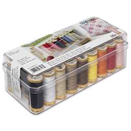 Gutermann Natural Cotton 50 Sewing Thread - Set of 26 with Box, Basic Shades, 109 yds showing top of packaging