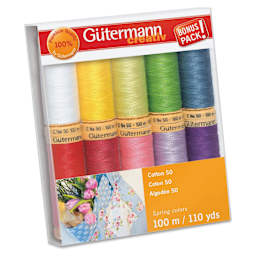 Gutermann Natural Cotton 50 Sewing Thread - Set of 10, Spring Shades, 109 yds front of packaging