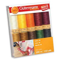 Gutermann Natural Cotton 50 Sewing Thread - Set of 10, Fall Shades, 109 yds front of packaging