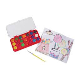 Melissa & Doug Deluxe Watercolor Pan Set - Set of 21, Vibrant Colors, Round (Paint pans and paint brush shown with sample artwork)
