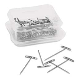 Dritz T-Pins - 1-1/2", Pkg of 35, pins laid out in front of opened carrying case