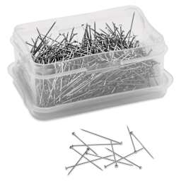Dritz Dressmaker Pins - 1-1/16", Pkg of 750, opened storage box and pins laid out