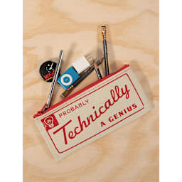 Blue Q Zipper Pencil Pouch - Probably Technically a Genius, 8-1/2" x 4-1/4", on table with art materials (not included)