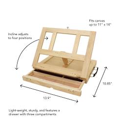 Incline adjusts to four positions. Fits canvas up to 11" x 14". Light-weight, sturdy, and features a drawer with three compartments. 13.9" x 10.85".