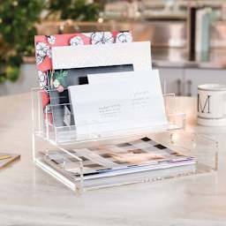 Russell and Hazel Acrylic Desk Accessories (Acrylic Collator and Valet stacked on Inbox)