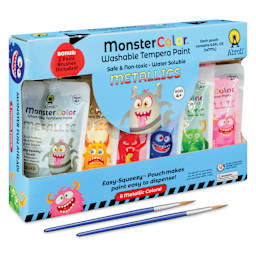 Abroli MonsterColor Washable Tempera Paint and Sets - Set of 8, Metallic Colors, brushes out of packaging
