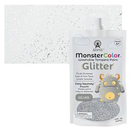 Abroli MonsterColor Washable Tempera Paint - Silver Glitter, 5 oz Pouch and swatch
