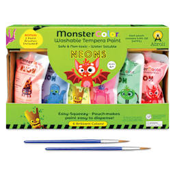 Abroli MonsterColor Washable Tempera Paint and Sets - Set of 8, Neon, two brushes out of packaging