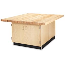 Diversified Spaces 4 sided workstation front view showing locking cabinet doors closed
