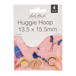 John Bead Must Have Findings Huggie Hoops - Pkg of 4, Gold, 13.5 mm x 15.5 mm front of packaging