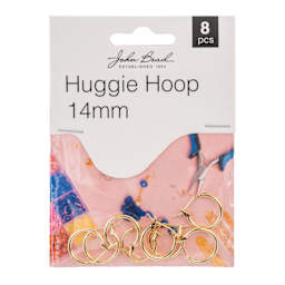 John Bead Must Have Findings Huggie Hoops - Pkg of 8, Gold, 14 mm front of packaging
