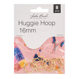 John Bead Must Have Findings Huggie Hoops - Pkg of 8, Gold, 16 mm front of packaging