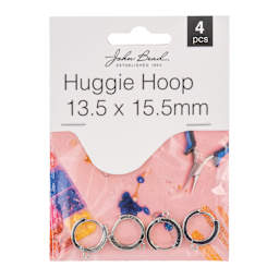 John Bead Must Have Findings Huggie Hoops - Pkg of 4, Silver, 13.5 mm x 15.5 mm front of packaging