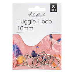 John Bead Must Have Findings Huggie Hoops - Pkg of 8, Silver, 16 mm front of packaging