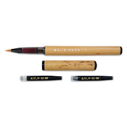 Aitoh Bamboo Barrel Fountain Brush Pen Set - Nylon Nib with Ink Cartridges, contents laid out