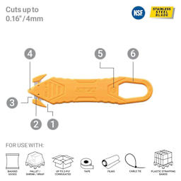 Cuts up to 0.16" / 4 mm. For use with: gagged goods, pallet / shrink wrap, up to 2-ply corrugated, tape, films, cable tie, plastic strapping bands.