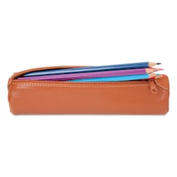 Speedball Leather Pencil Case - Tan, Small, open, showing pencils (not included)
