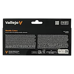 Vallejo Acrylic Model Color Paints Set - Set of 8, Metallics, 18 ml back of package