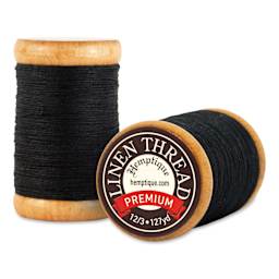 Hemptique Premium Linen Thread - Black, 1 mm top and side view of spool
