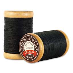 Hemptique Premium Linen Thread - Black, 0.6 mm top and side view of spool