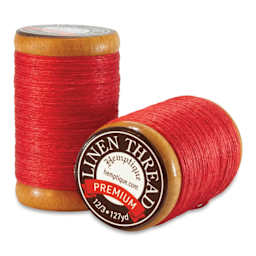 Hemptique Premium Linen Thread - Red, 1 mm side and top view of spool