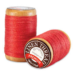 Hemptique Premium Linen Thread - Red, 0.6 mm side and top view of spool