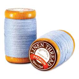 Hemptique Premium Linen Thread - Denim, 0.6 mm top and side view of spool