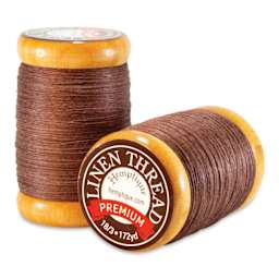 Hemptique Premium Linen Thread - Brown, 0.6 mm top andf side view of spool