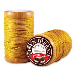 Hemptique Premium Linen Thread - Gold, 0.6 mm top and side of spool