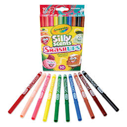 Crayola Silly Scent Smashups Markers - Set of 10, Fine Tip, markers laid out in front of the pack
