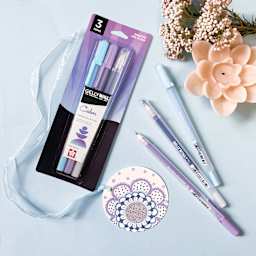 Sakura Gelly Roll Moods Collection Pens - Calm, Set of 3, packaging and contents on desk