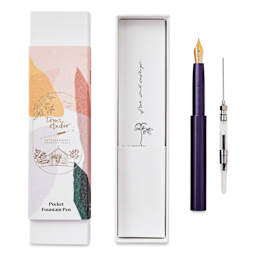 Tom's Studio Pocket Fountain Pen - Iris, Extra Fine Semi-Flex Nib packaging with contents
