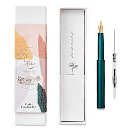 Tom's Studio Pocket Fountain Pen - Ivy, Medium Nib packaging and contents