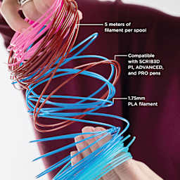 Scrib3D PLA Filament Refills. 5 meters of filament per spool. Compatible with Scrib3d, P1, Advanced and Pro pens. 1.75mm PLA filament.