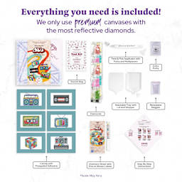 Everything you need is included! Premium diamond painting kit includes six pre-printed adhesive canvases, reflective diamonds, tool kit, applicator pen, wax, tray with lid, resealable bags, inventory sheet with labels, and step-by-step instructions.