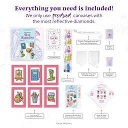 Everything you need is included! Premium diamond painting kit includes six pre-printed adhesive canvases, reflective diamonds, tool kit, applicator pen, wax, tray with lid, resealable bags, inventory sheet with labels, and step-by-step instructions.