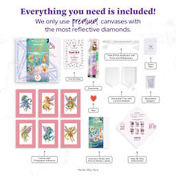 Everything you need is included! Premium diamond painting kit includes six pre-printed adhesive canvases, reflective diamonds, tool kit, applicator pen, wax, tray with lid, resealable bags, inventory sheet with labels, and step-by-step instructions.