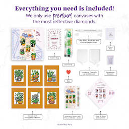 Everything you need is included! Premium diamond painting kit includes six pre-printed adhesive canvases, reflective diamonds, tool kit, applicator pen, wax, tray with lid, resealable bags, inventory sheet with labels, and step-by-step instructions.