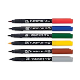Kuretake Zig Fudebiyori Brush Pens - Set of 6 Assorted Colors shown horizontally and uncapped
