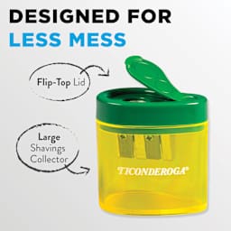 Designed for less mess. Flip top lid. Large shavings collector.