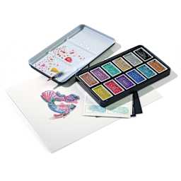 artPOP! Metallic Watercolor Paint Pan Set - Set of 12, Jumbo Pans, open packaging with painting